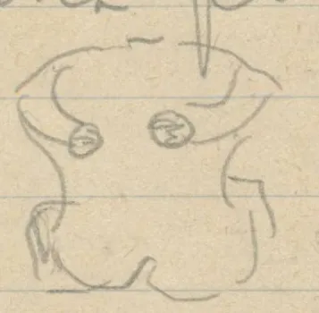 Figure with arms bent towards two circles on the chest