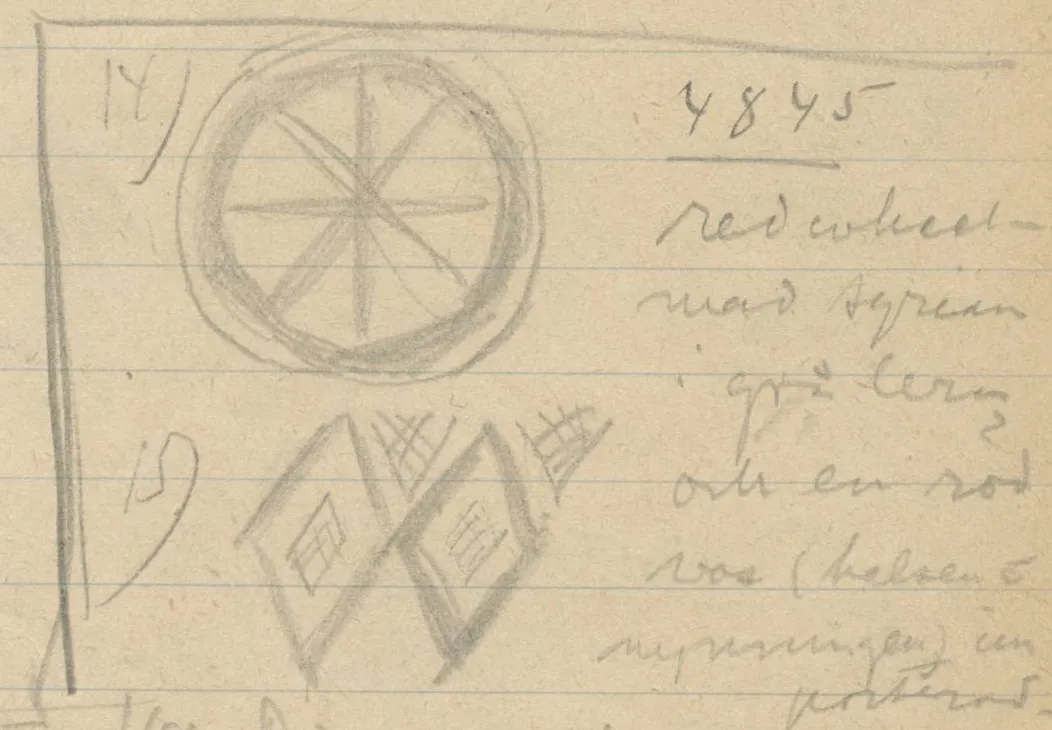 Rectangular frame containing an eight-spoked wheel ornament at top and diamond/cross-hatched geometric patterns below