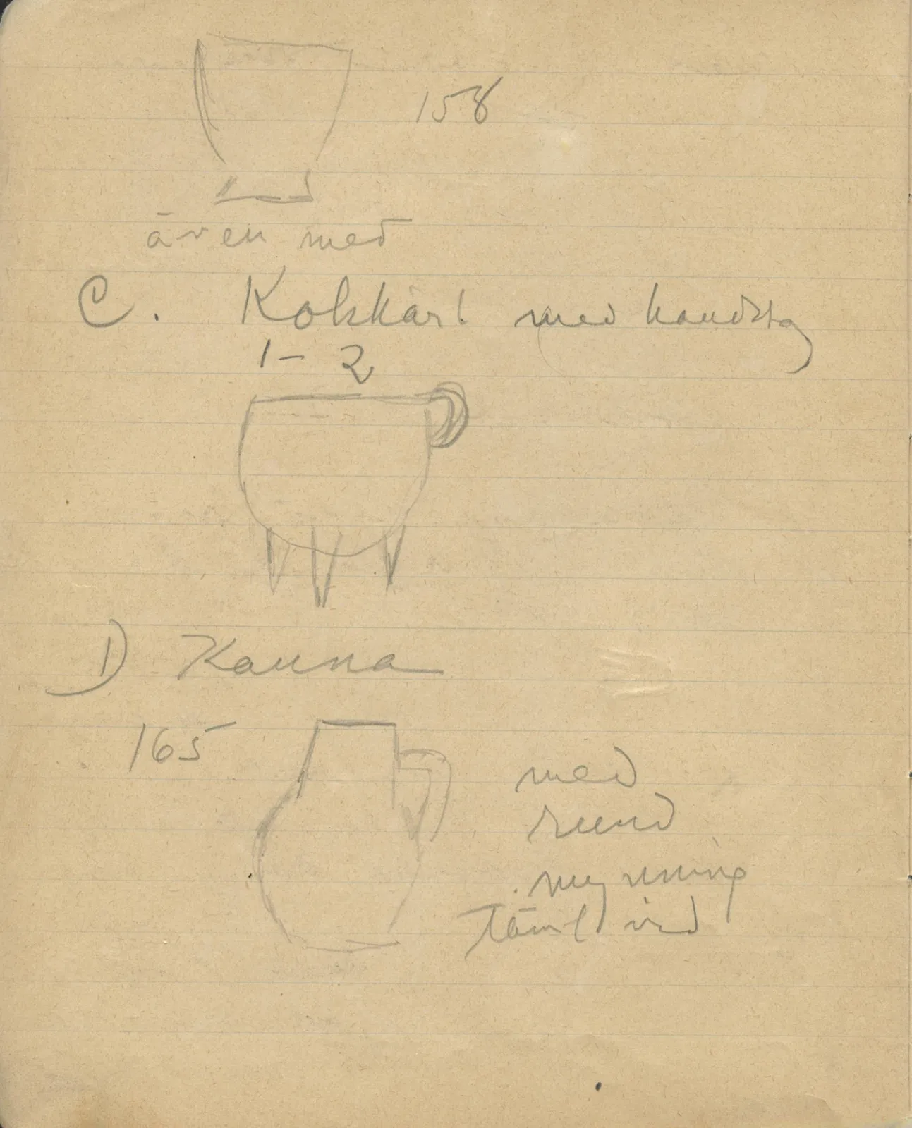 Scan 8 of notebook 000005 (Notes on pottery from Troy, the Cyclades and Crete), handwritten in Swedish, with drawings. The transcription and translation follow.