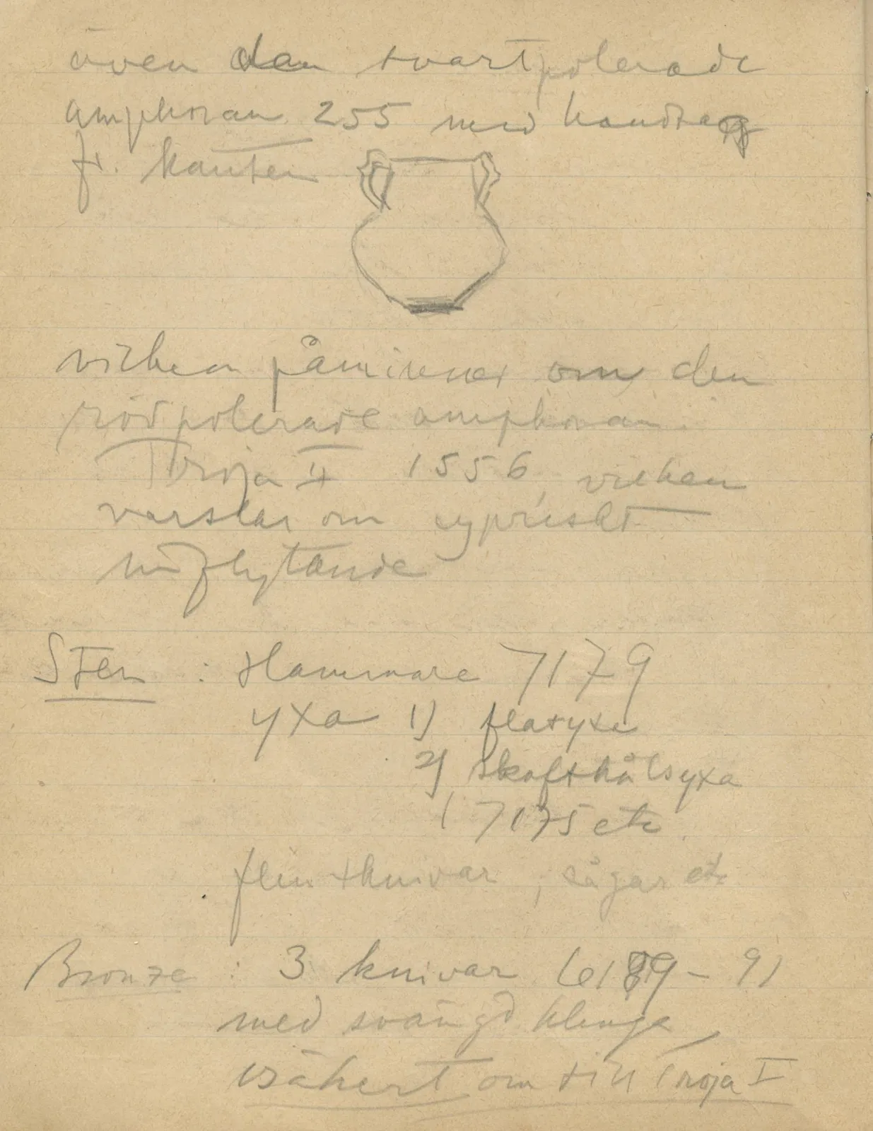 Scan 10 of notebook 000005 (Notes on pottery from Troy, the Cyclades and Crete), handwritten in Swedish, with drawings. The transcription and translation follow.
