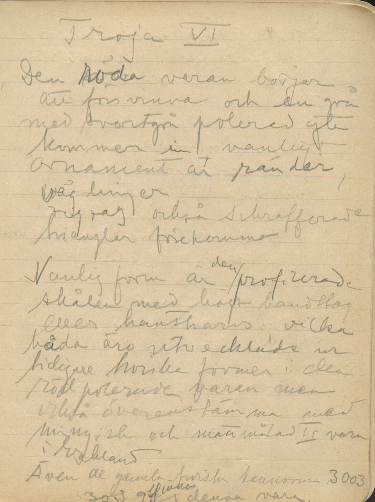 Scan 27 of notebook 000005 (Notes on pottery from Troy, the Cyclades and Crete), handwritten in Swedish. The transcription and translation follow.