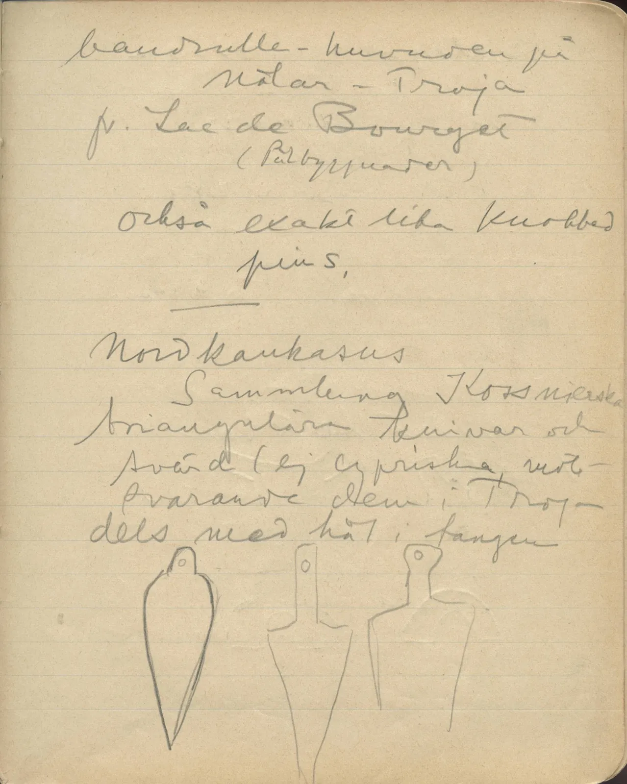 Scan 31 of notebook 000005 (Notes on pottery from Troy, the Cyclades and Crete), handwritten in Swedish, with drawings. The transcription and translation follow.