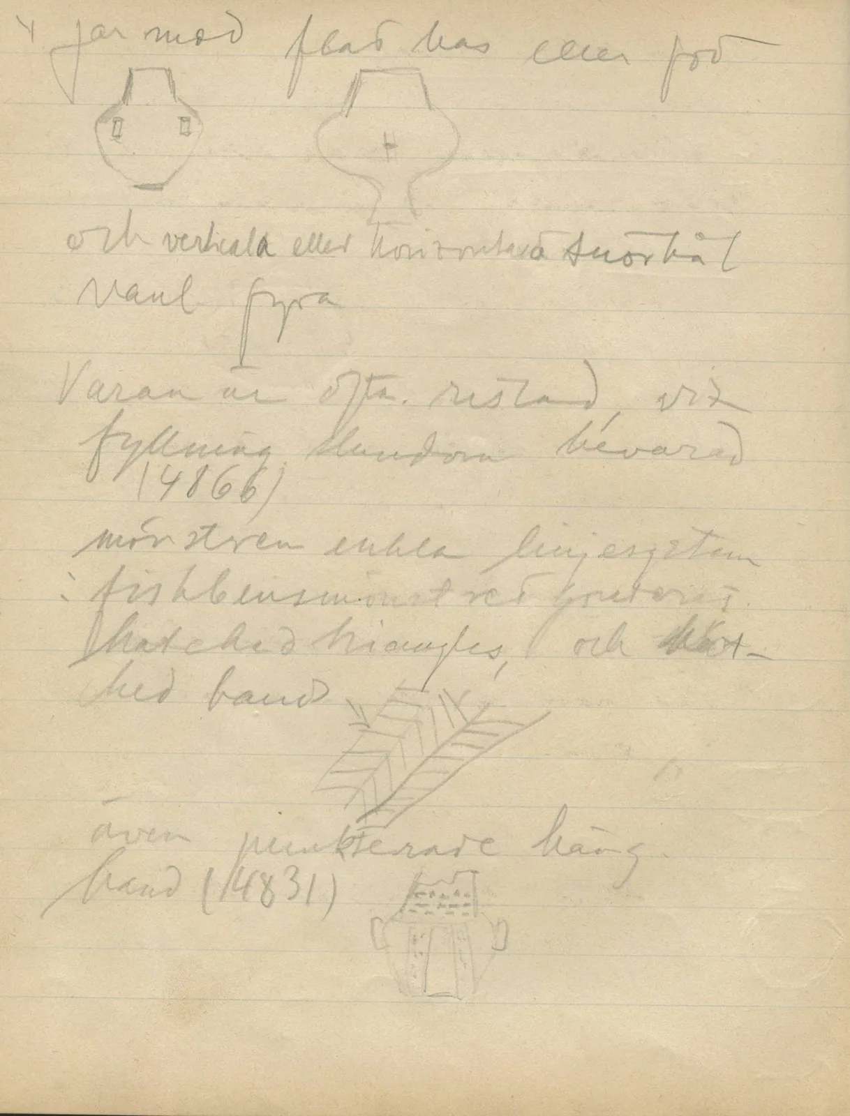 Scan 43 of notebook 000005 (Notes on pottery from Troy, the Cyclades and Crete), handwritten in Swedish, with drawings. The transcription and translation follow.