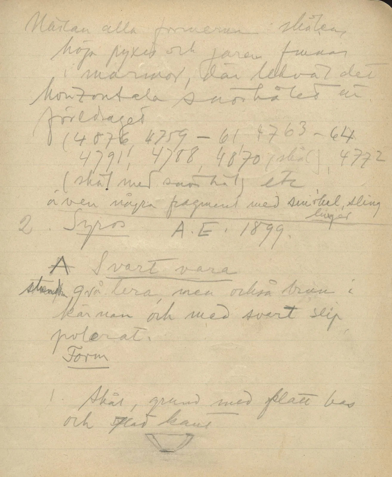 Scan 44 of notebook 000005 (Notes on pottery from Troy, the Cyclades and Crete), handwritten in Swedish, with drawings. The transcription and translation follow.
