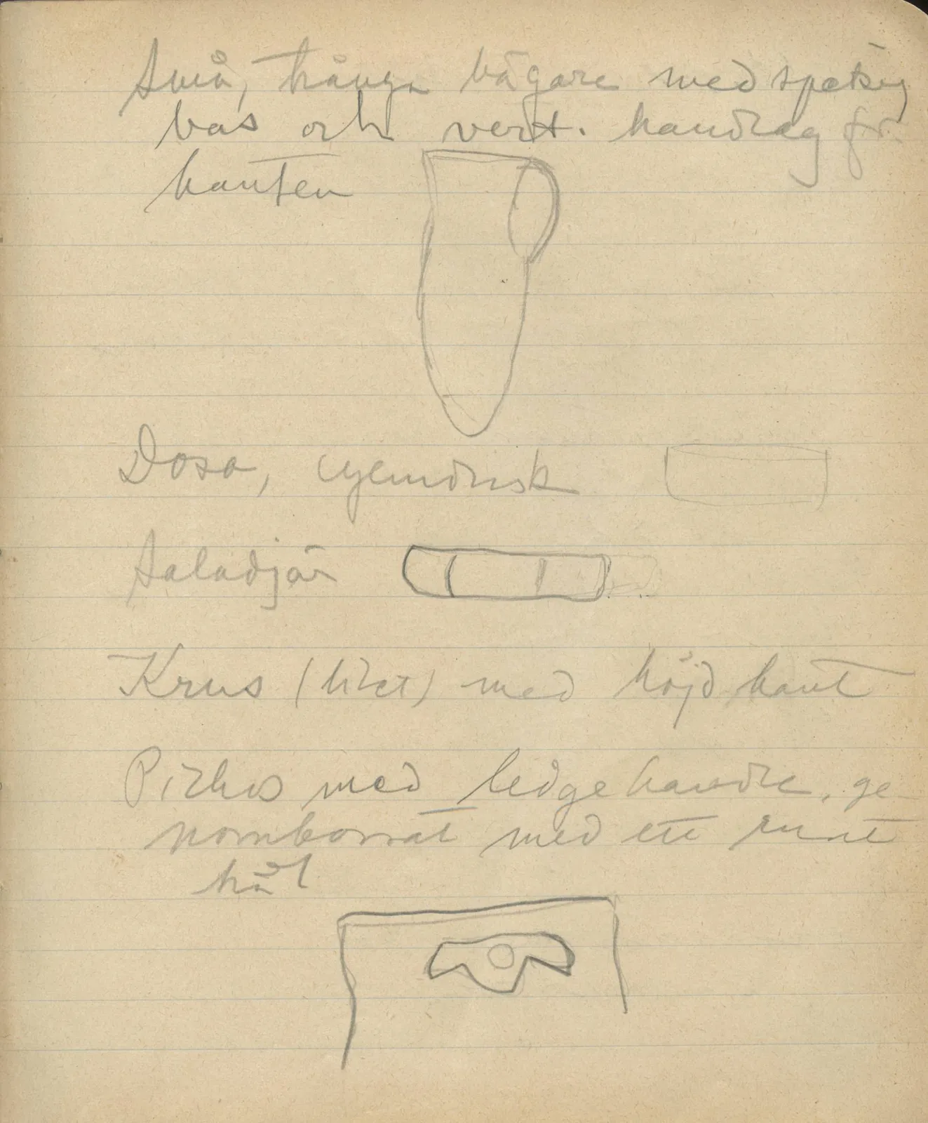 Scan 92 of notebook 000005 (Notes on pottery from Troy, the Cyclades and Crete), handwritten in Swedish, with drawings. The transcription and translation follow.