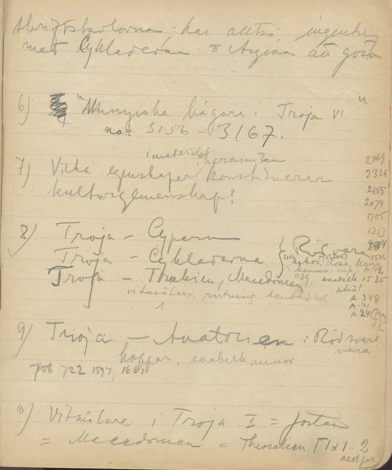 Scan 128 of notebook 000005 (Notes on pottery from Troy, the Cyclades and Crete), handwritten in Swedish. The transcription and translation follow.