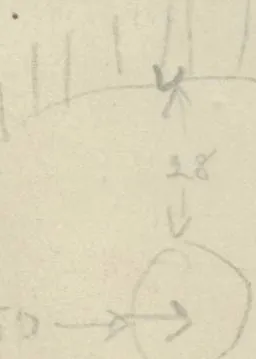 Curved chamber outline with hatching along the upper left edge, containing a circle with arrows and measurements