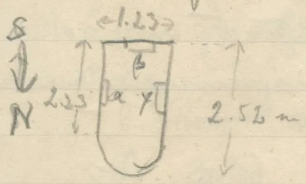 Plan of a dromos with rounded end, three rectangles inside and a compass arrow