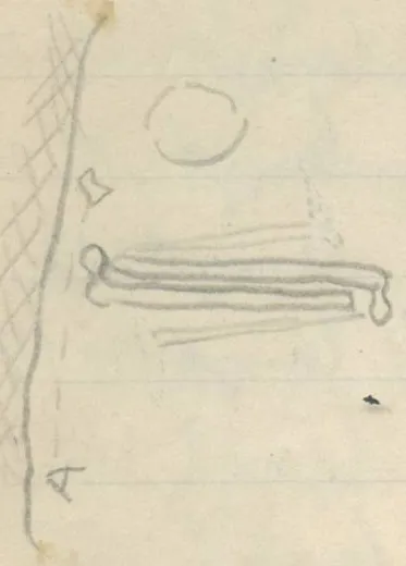 Small rectangular outline with pointed end; cross-hatched vertical line with circle and elongated object beside it