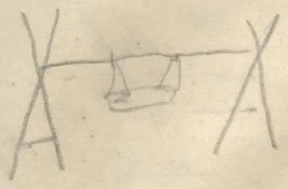Two A-shaped supports holding a horizontal bar with a suspended basket or tray