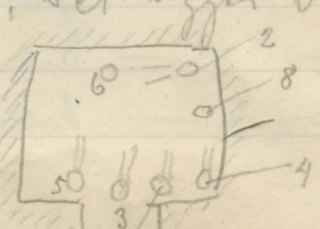 Plan of a rectangular chamber with entrance at bottom, showing positions of skulls and skeletons