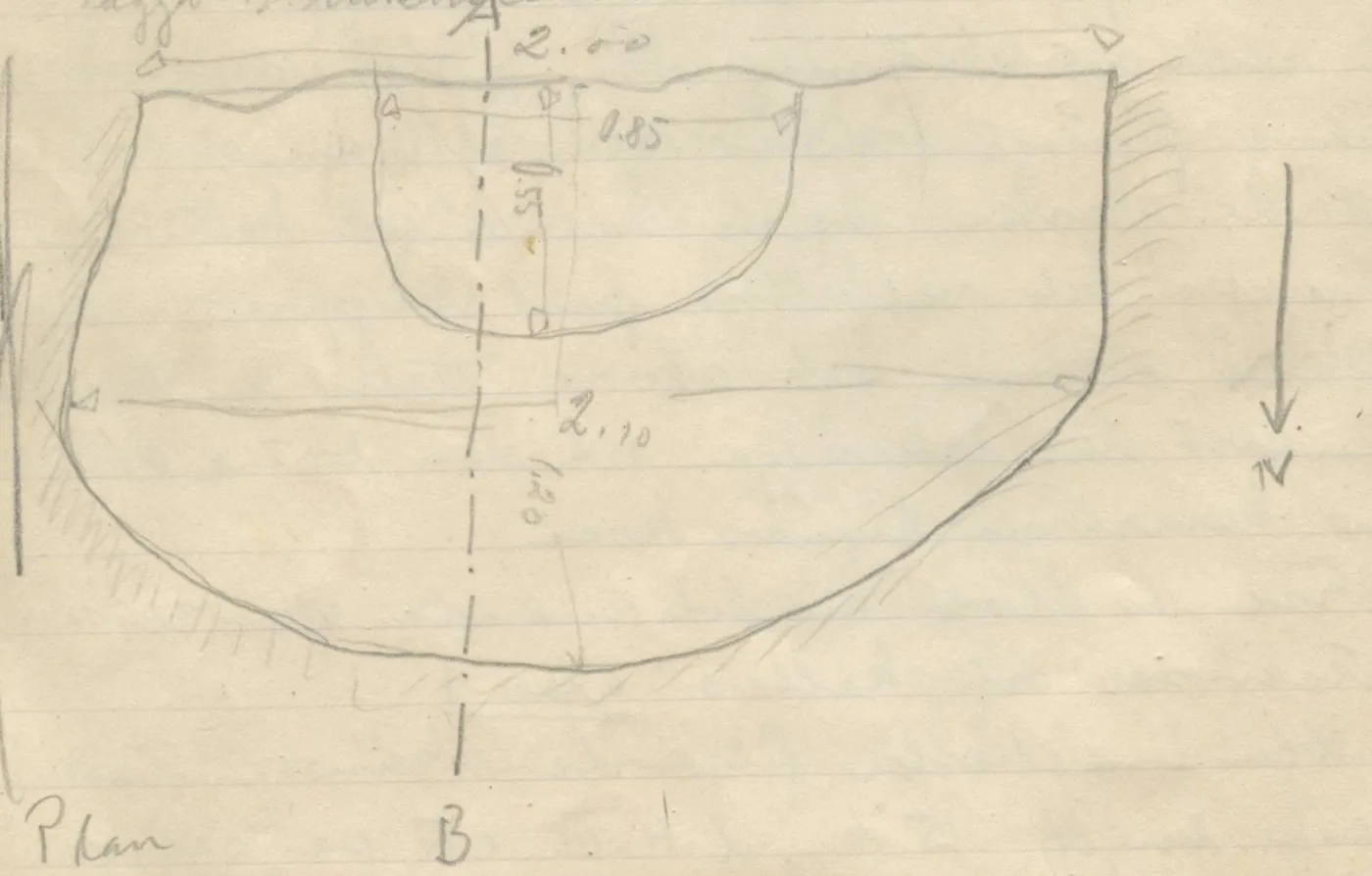 Plan of a semi-circular chamber with an inner semi-circular feature, a dashed section line A-B, dimension arrows, and a north arrow