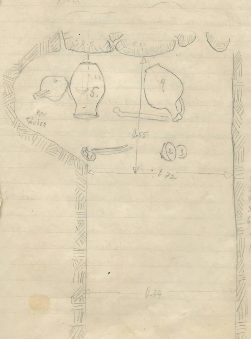 Plan of a dromos with vessels, bones and stones