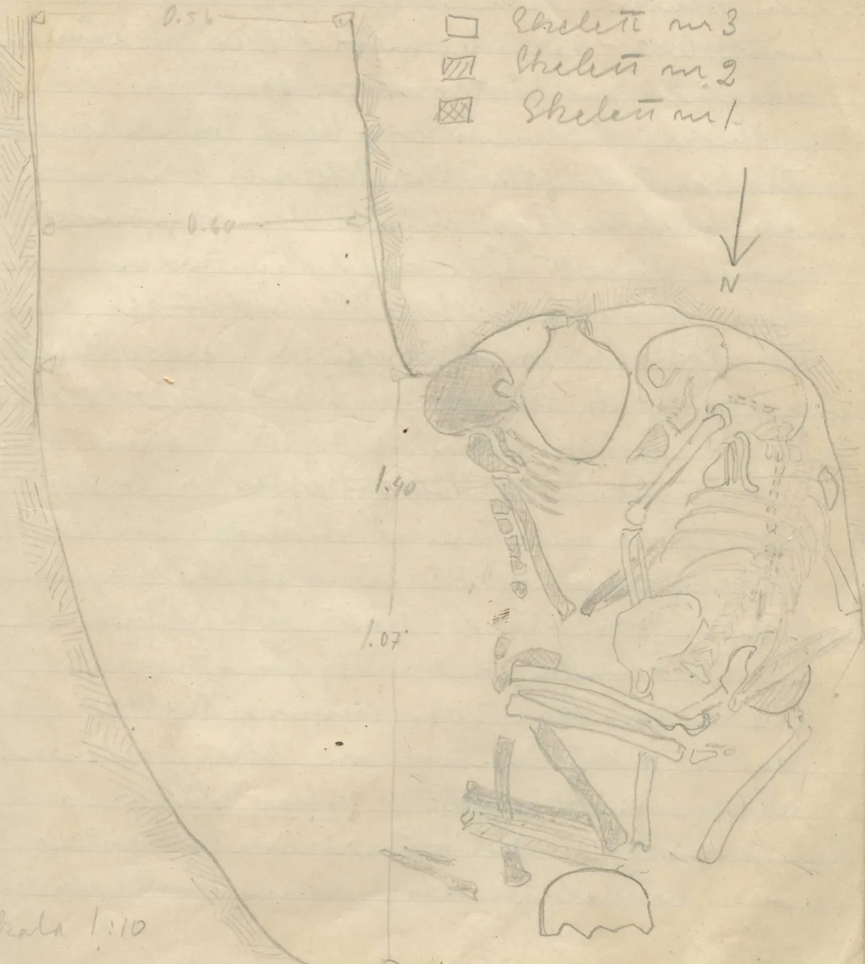 Plan of a dromos containing three differently hatched skeletons and a vessel, with legend boxes, north arrow and dimension lines