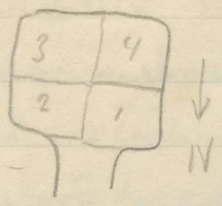 Plan of a chamber divided into four quadrants with entrance and north arrow