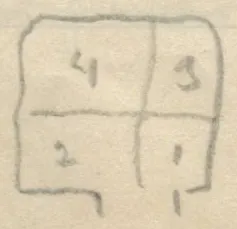 Plan of a square chamber divided into four quadrants with a short entrance at the bottom