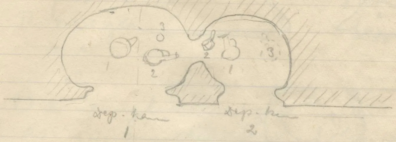Plan, elevation of two circular openings, and section of two connected rounded chambers containing vessels