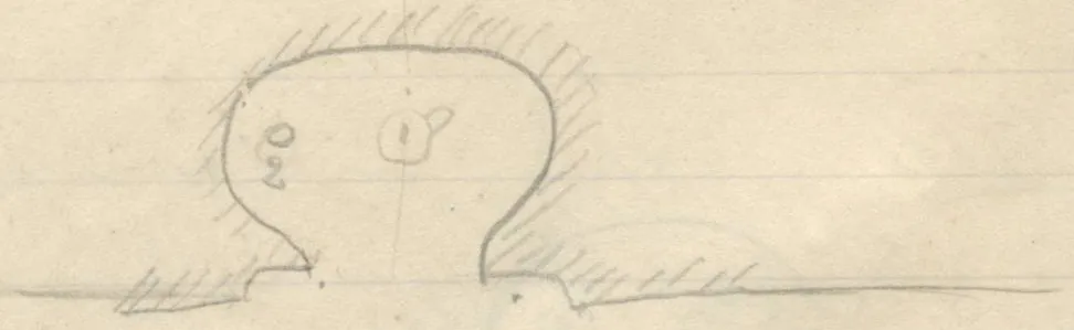 Plan, elevation, and section of a small rounded chamber/niche with two objects inside
