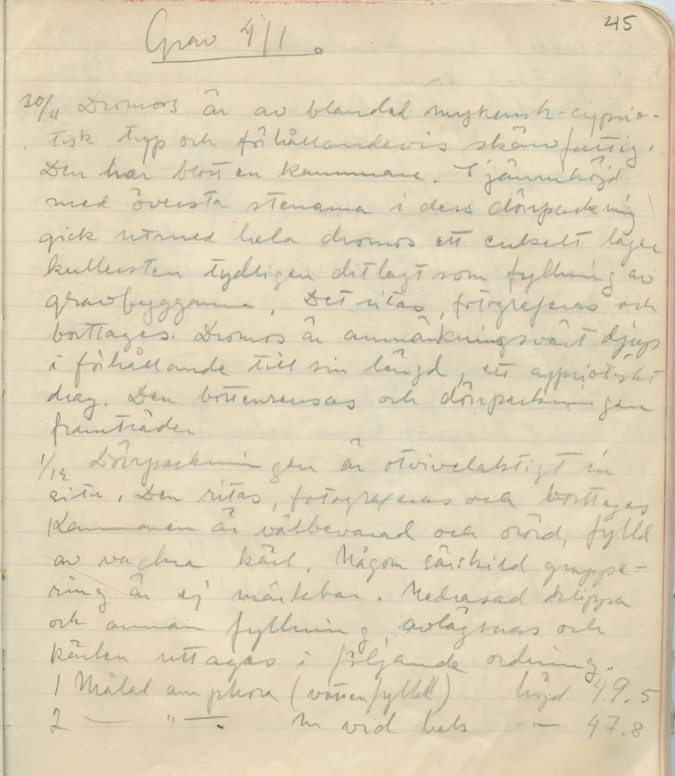 Scan 45 of field diary DII:1b (Lapithos, Kastros), handwritten in Swedish. The transcription and translation follow.
