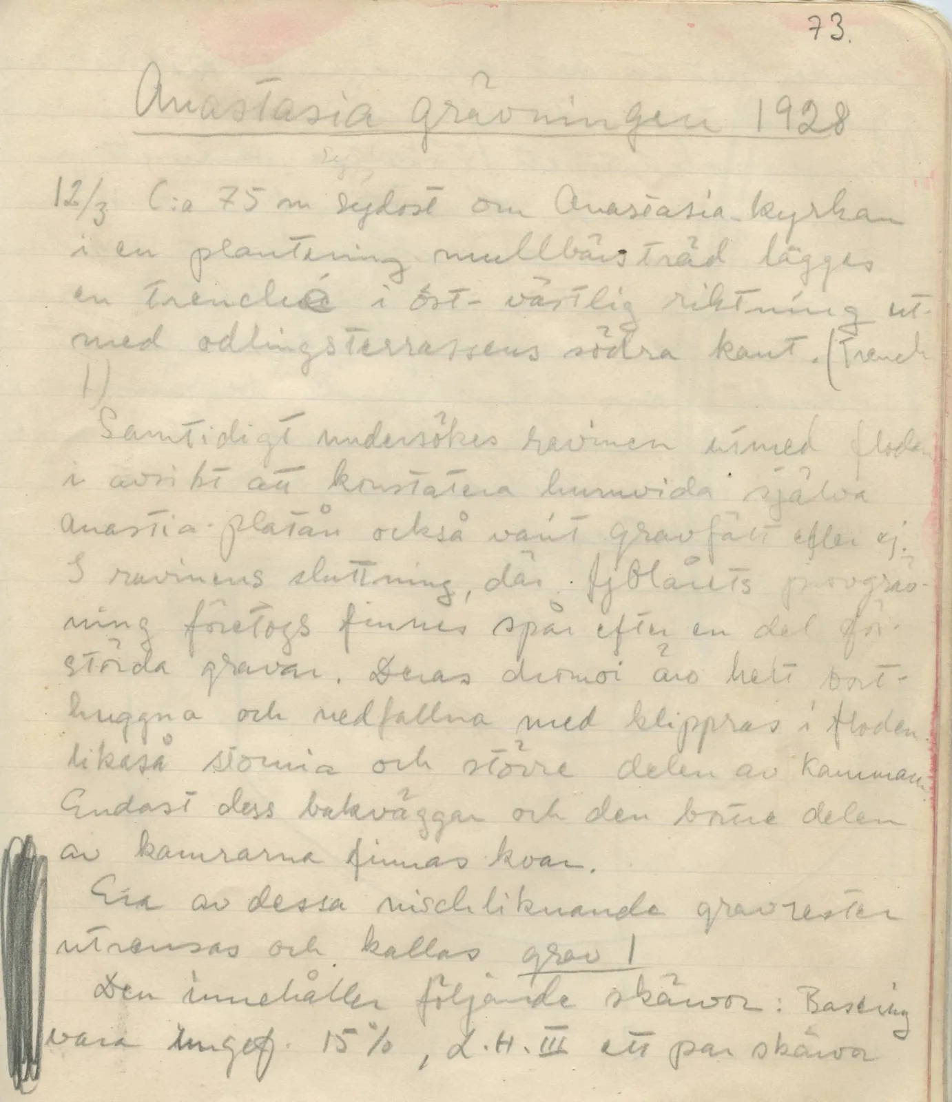 Scan 73 of field diary DII:1b (Lapithos, Kastros), handwritten in Swedish. The transcription and translation follow.