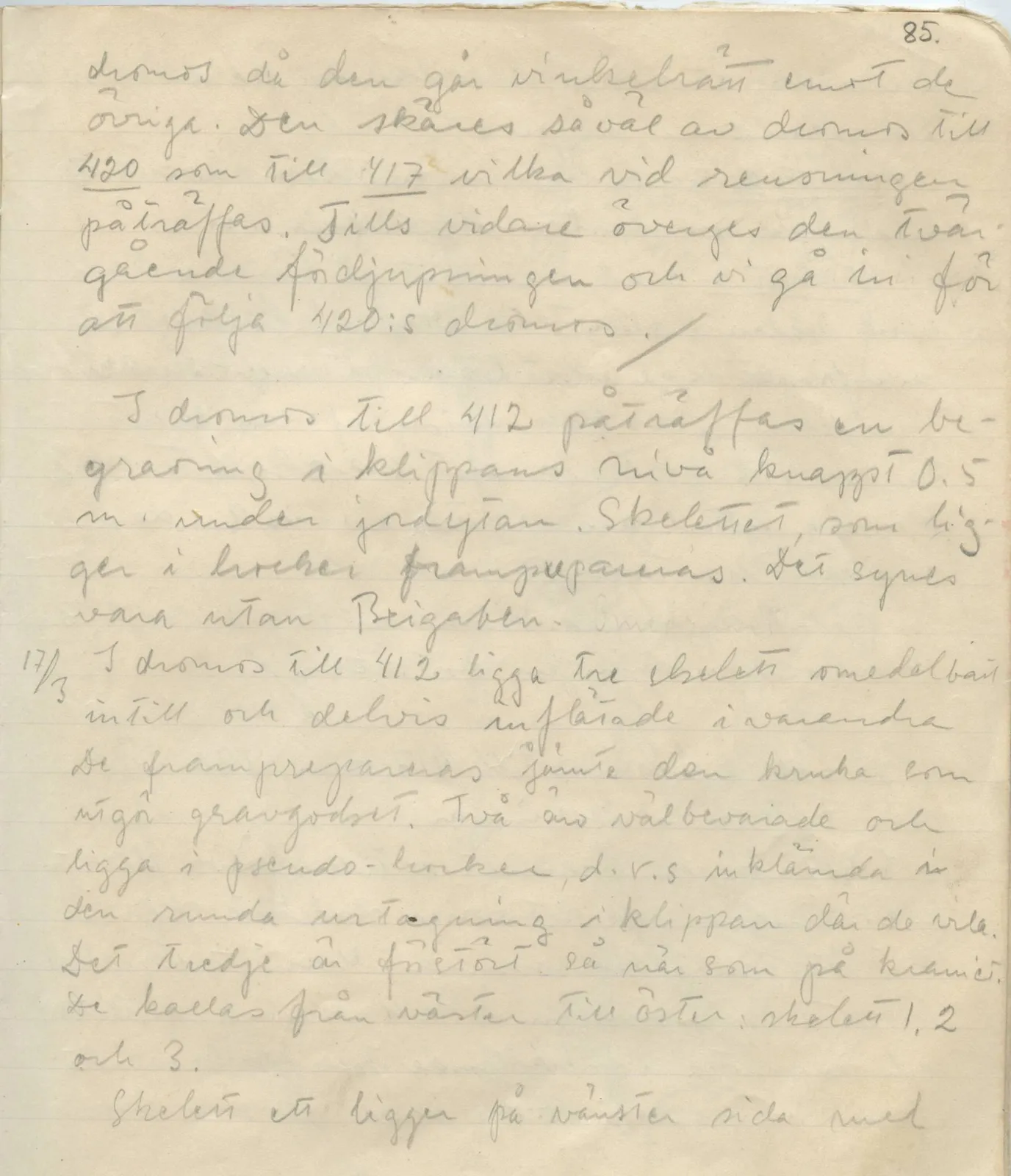Scan 85 of field diary DII:1b (Lapithos, Kastros), handwritten in Swedish. The transcription and translation follow.