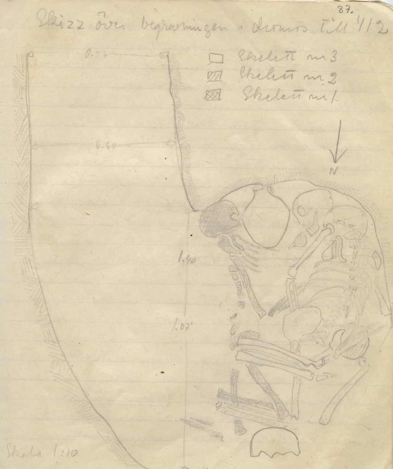 Scan 87 of field diary DII:1b (Lapithos, Kastros), handwritten in Swedish, with drawings. The transcription and translation follow.