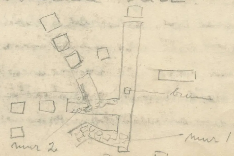 Plan of trenches, test pits and walls with a north arrow