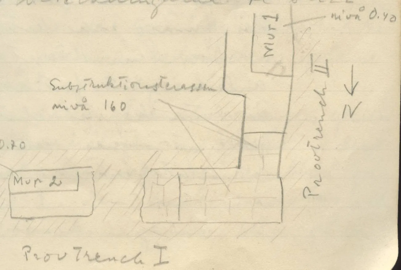 Plan of trenches and walls with north arrow