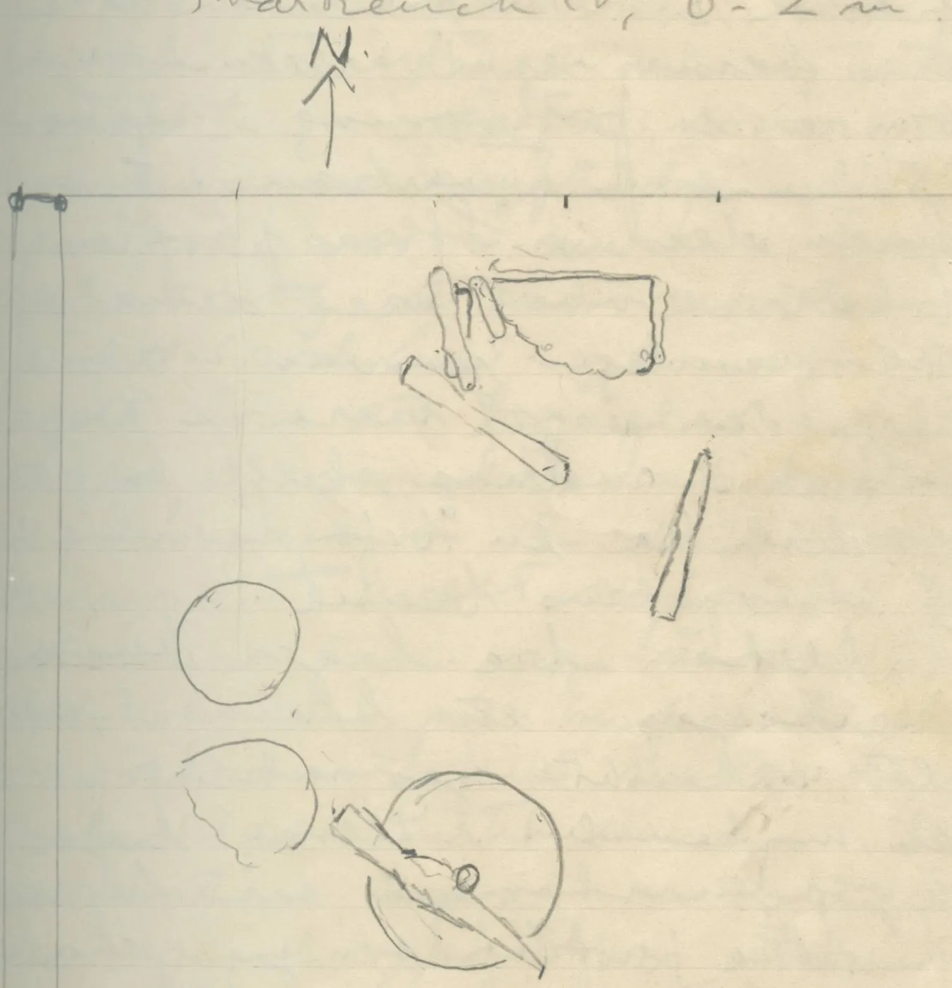 Plan of finds in a trench with north arrow, boundary lines with tick marks, circular and elongated objects