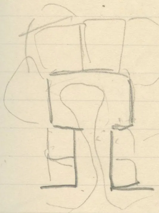 Pencil plan of a rectangular structure with an entrance corridor and surrounding curved outlines