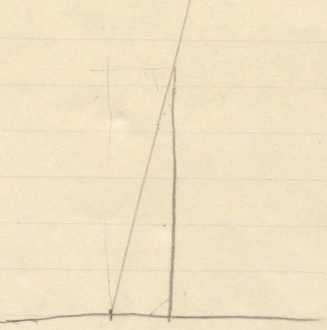 Geometric diagram showing a horizontal baseline with a vertical perpendicular line and a slanted line forming a narrow right triangle, the slanted line extending upward to the top edge of the page
