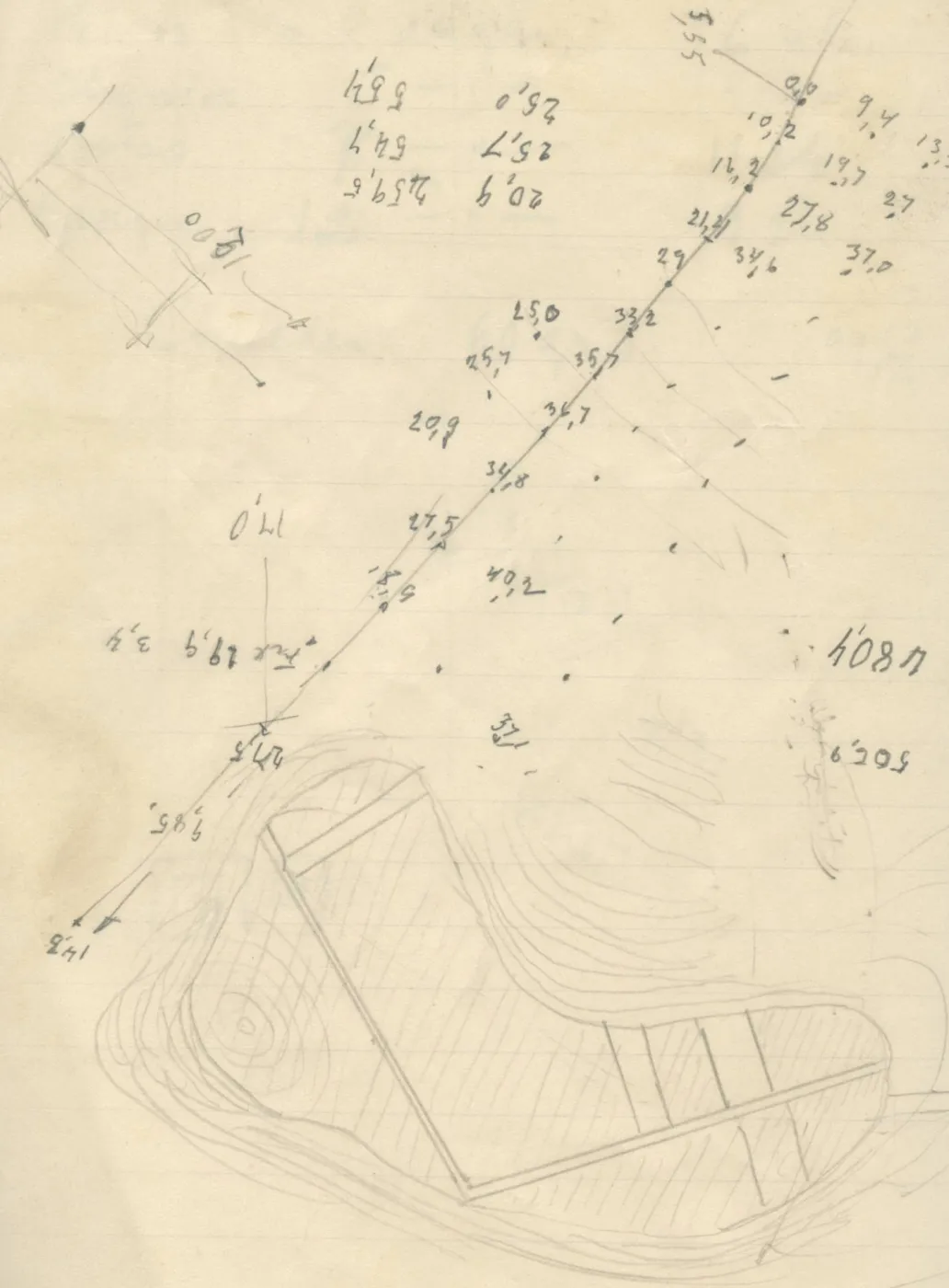 Topographical plan with contour lines, hatched structure, grid points and survey lines, with numbers written mostly upside down