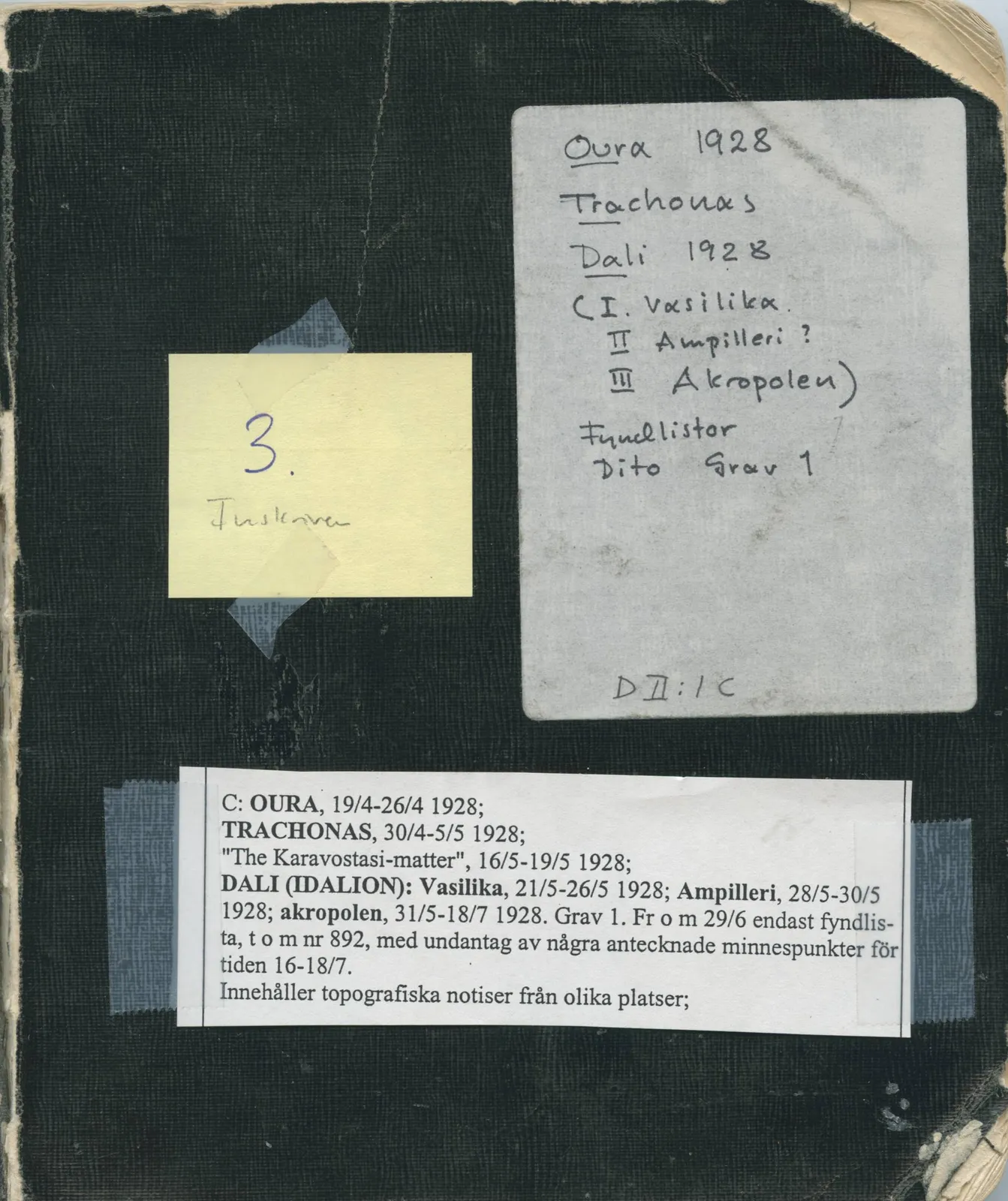 Scan 1 of field diary DII:1c (Oura, Trachonas and Idalion), handwritten in Swedish. The transcription and translation follow.