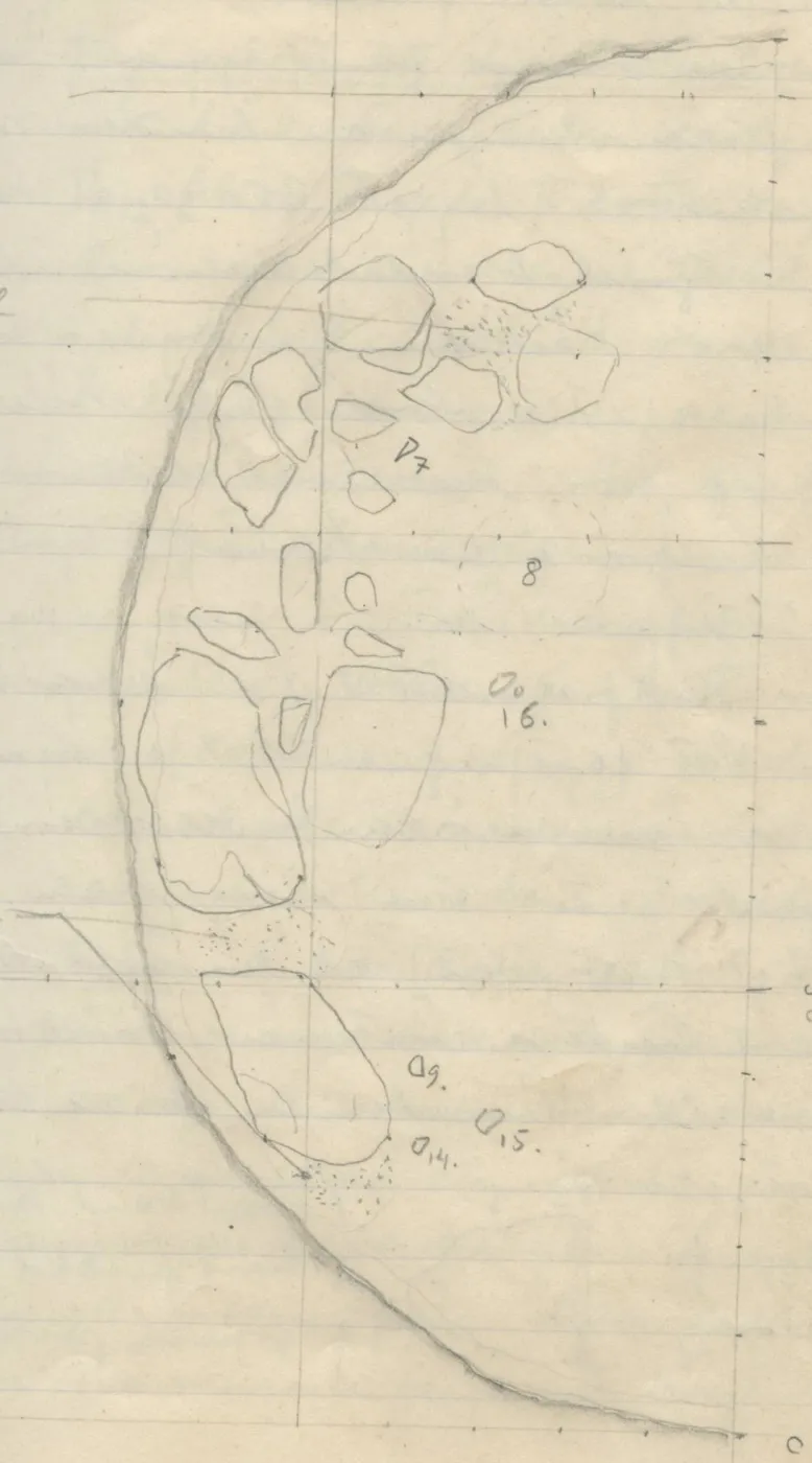 Plan of a semi-circular feature with stones, stippled areas, numbered find spots, grid lines and north arrow