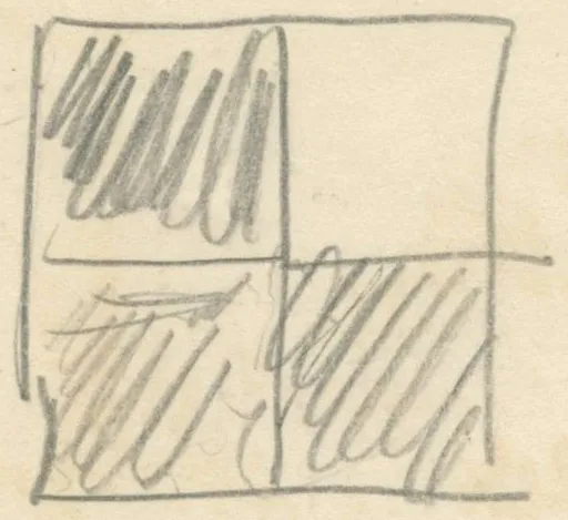 Square divided into four quadrants, three of which are shaded with diagonal pencil strokes