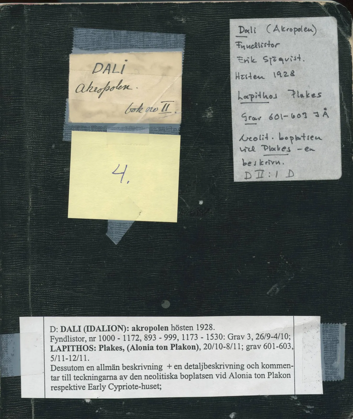 Scan 1 of field diary DII:1d (Idalion and Lapithos, Plakes), handwritten in Swedish. The transcription and translation follow.