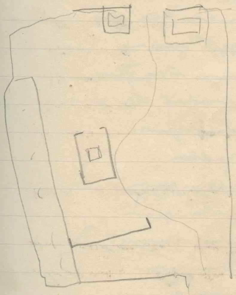 Pencil plan of a rectangular enclosure or structure with three small double-outlined rectangular features inside, an elongated feature along the left side, an internal partition line near the bottom left, and a curved line running vertically through the middle