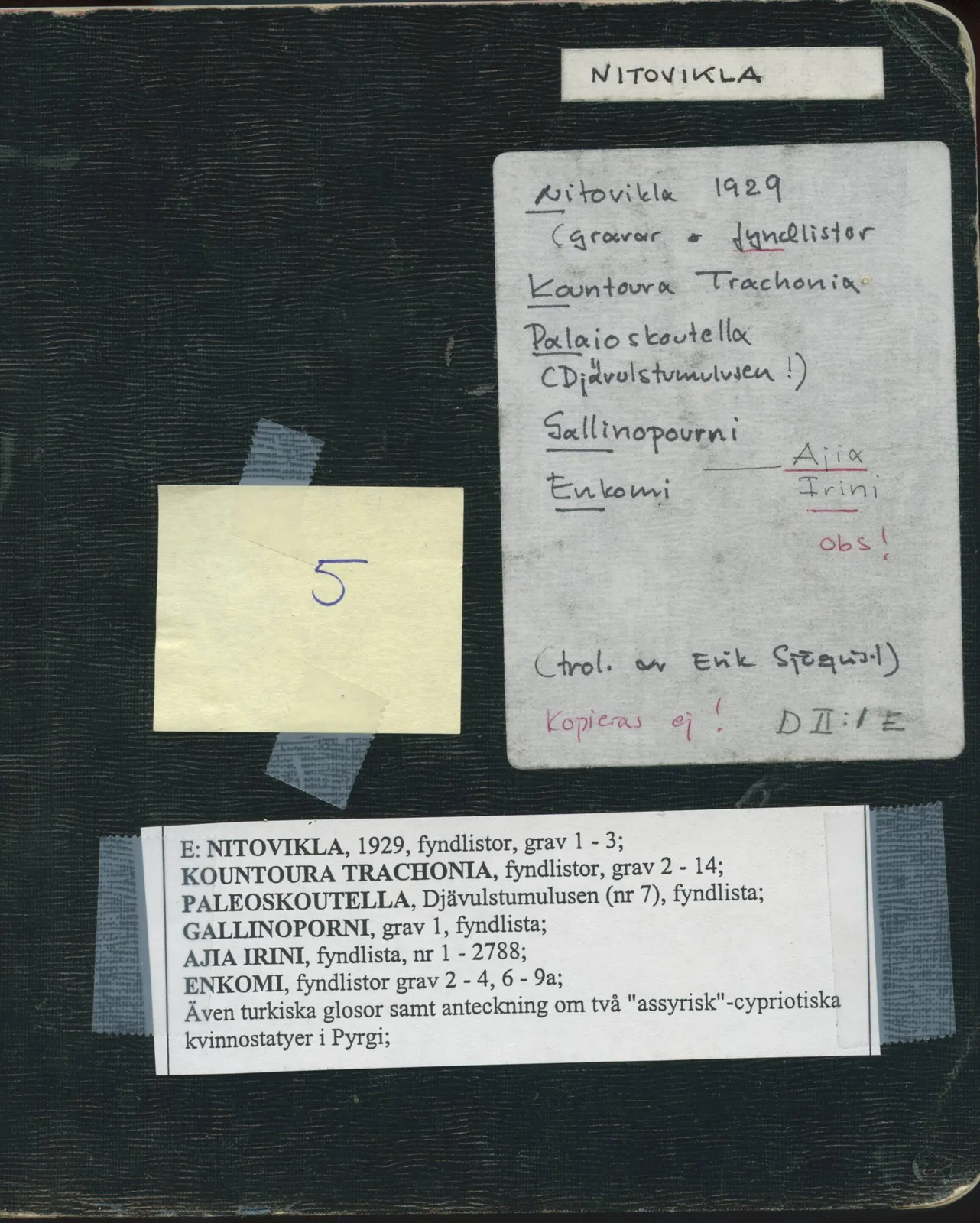 Scan 1 of field diary DII:1e (Nitovikla, Ayia Irini, Enkomi and other find lists), handwritten in Swedish. The transcription and translation follow.
