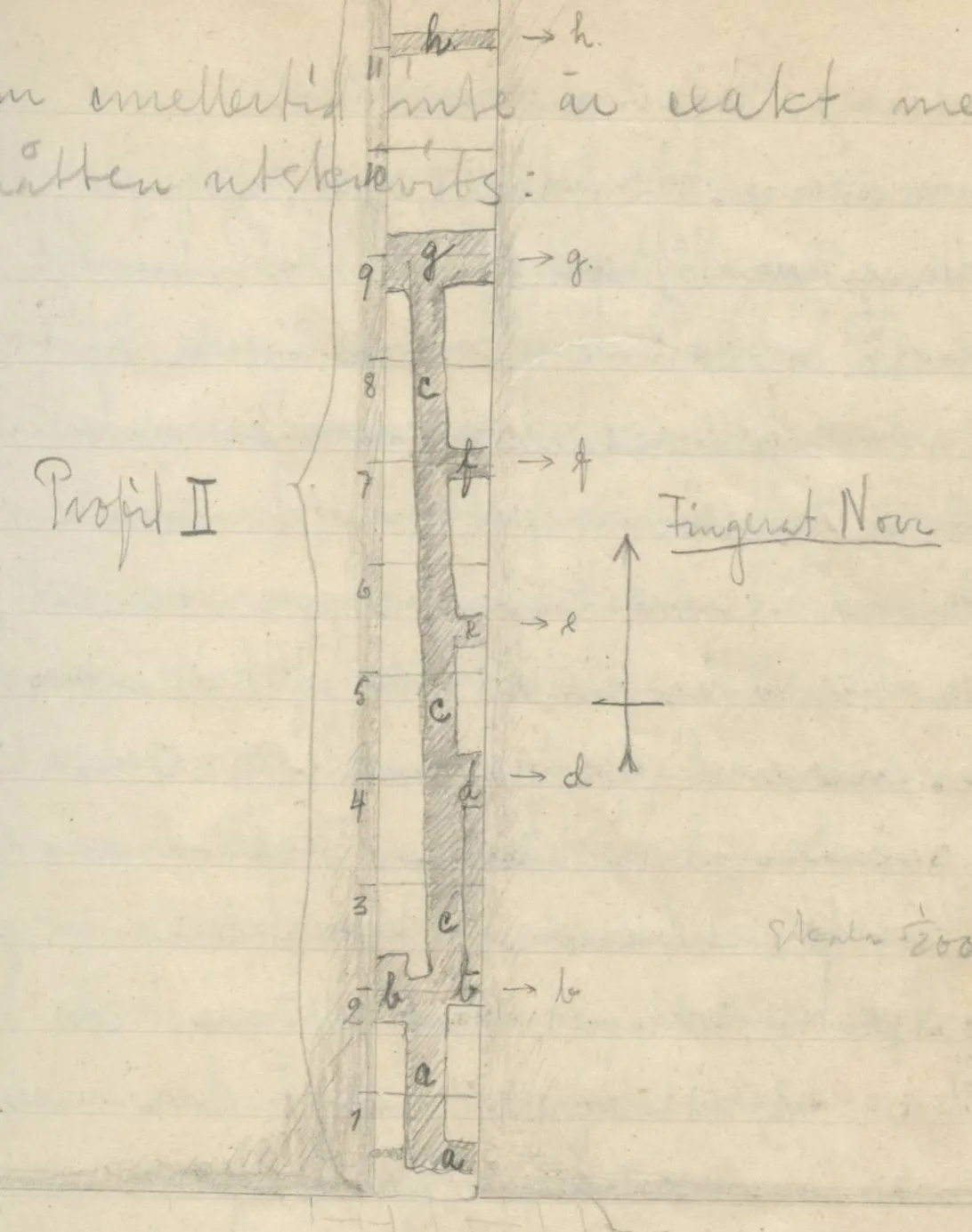 T-shaped trench plan with numbered grid intervals, hatched walls, north arrow, and curly brackets indicating profiles