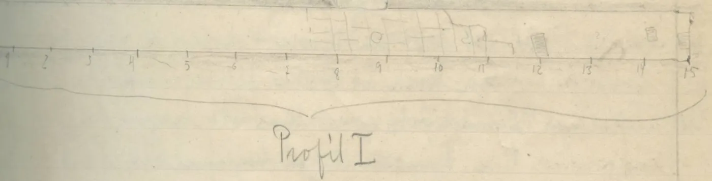 T-shaped trench plan with numbered grid intervals, hatched walls, north arrow, and curly brackets indicating profiles