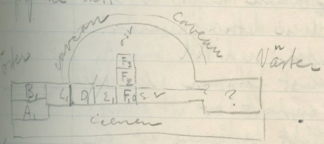 Plan of semicircular orchestra and rectangular stage divided into grid squares