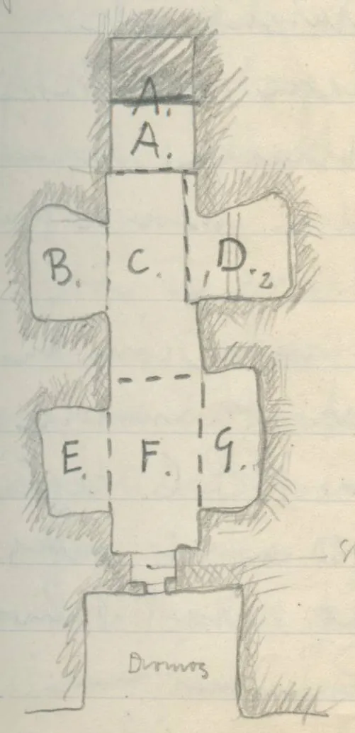 Plan of a rectangular chamber with side niches, dromos and north arrow