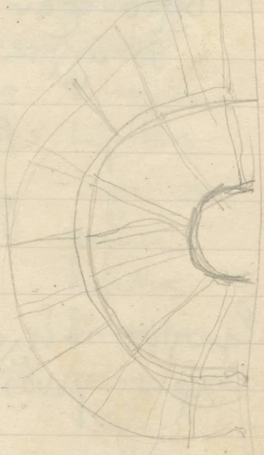 Several pencil drawings of semicircular/theater plans with radiating lines and concentric arcs, a small spiral shape, and rectangular details