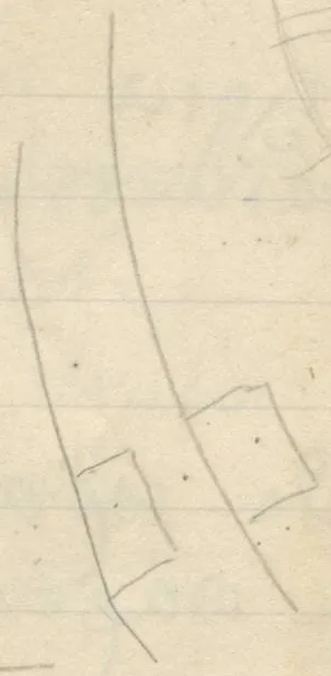 Several pencil drawings of semicircular/theater plans with radiating lines and concentric arcs, a small spiral shape, and rectangular details