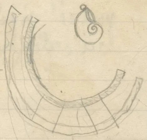Several pencil drawings of semicircular/theater plans with radiating lines and concentric arcs, a small spiral shape, and rectangular details