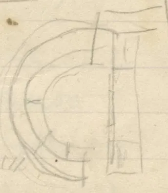 Several pencil drawings of semicircular/theater plans with radiating lines and concentric arcs, a small spiral shape, and rectangular details