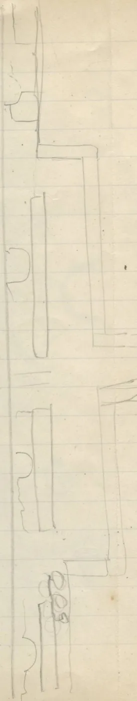 Architectural plan drawn in pencil showing rectangular wall segments, semicircular projections, and right-angled corners along a vertical axis