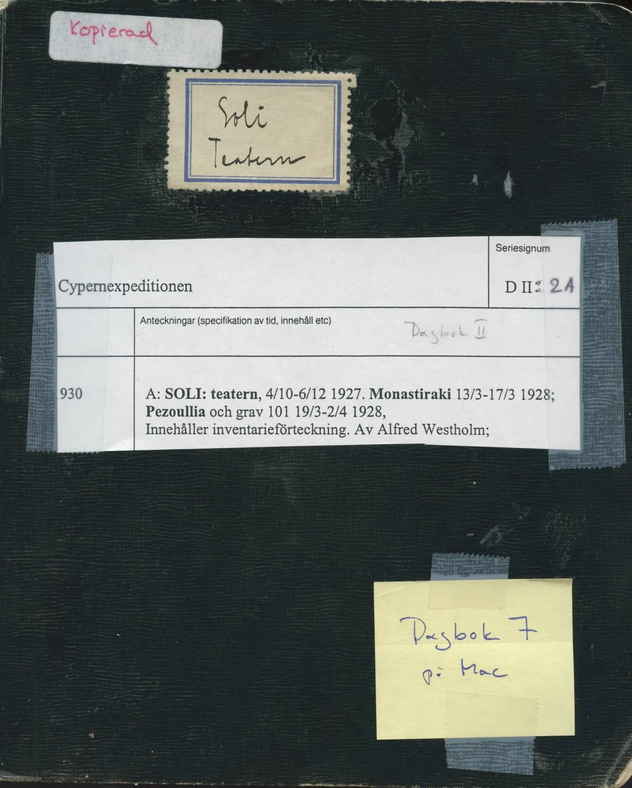 Scan 1 of field diary DII:2a (Soli, the theatre), handwritten in Swedish. The transcription and translation follow.