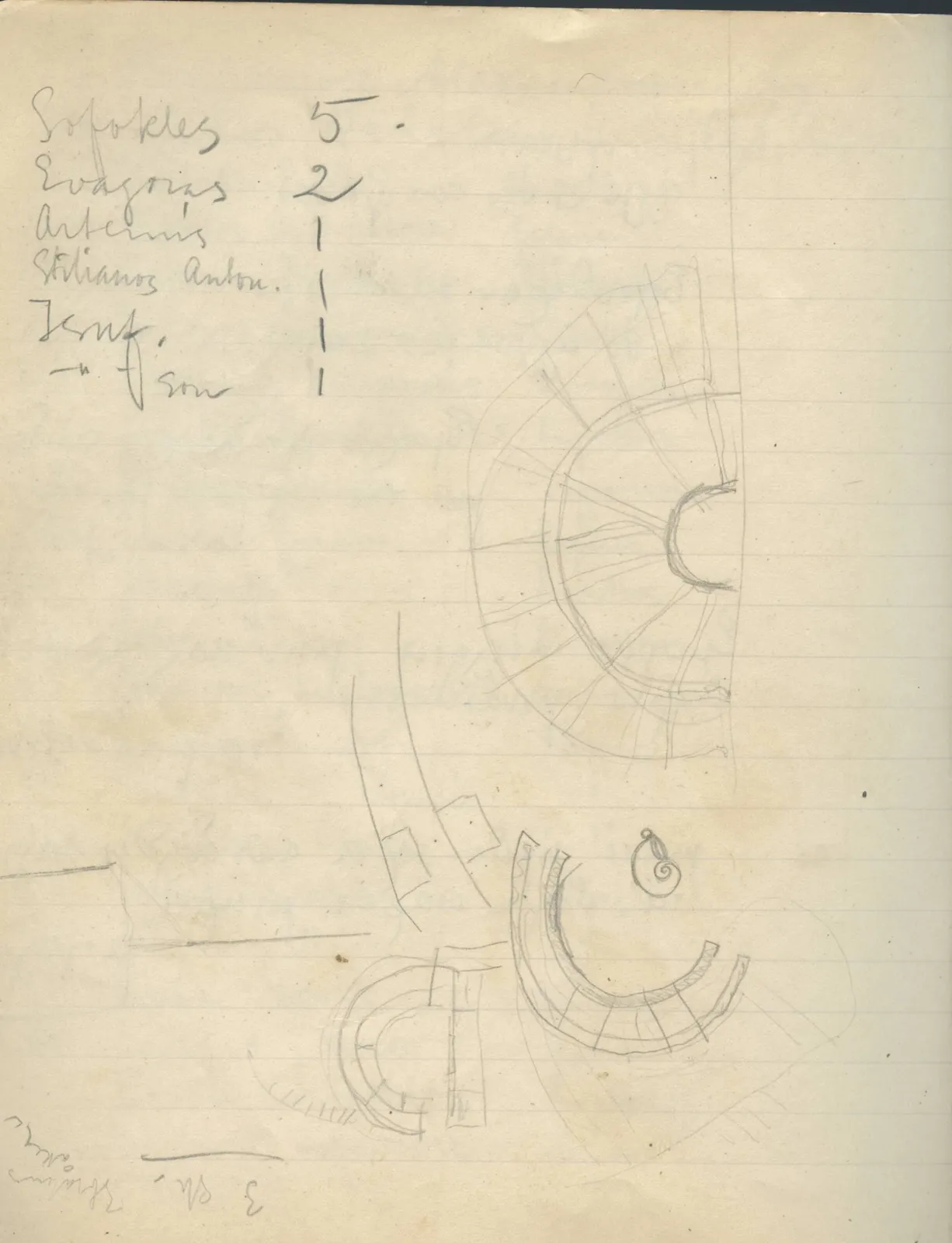 Scan 142 of field diary DII:2a (Soli, the theatre), handwritten in Swedish, with drawings. The transcription and translation follow.