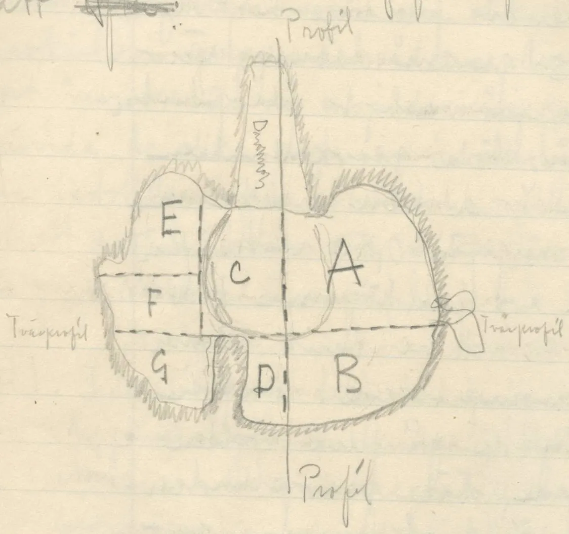 Plan of a multi-lobed chamber with dromos, divided by dashed lines into sections